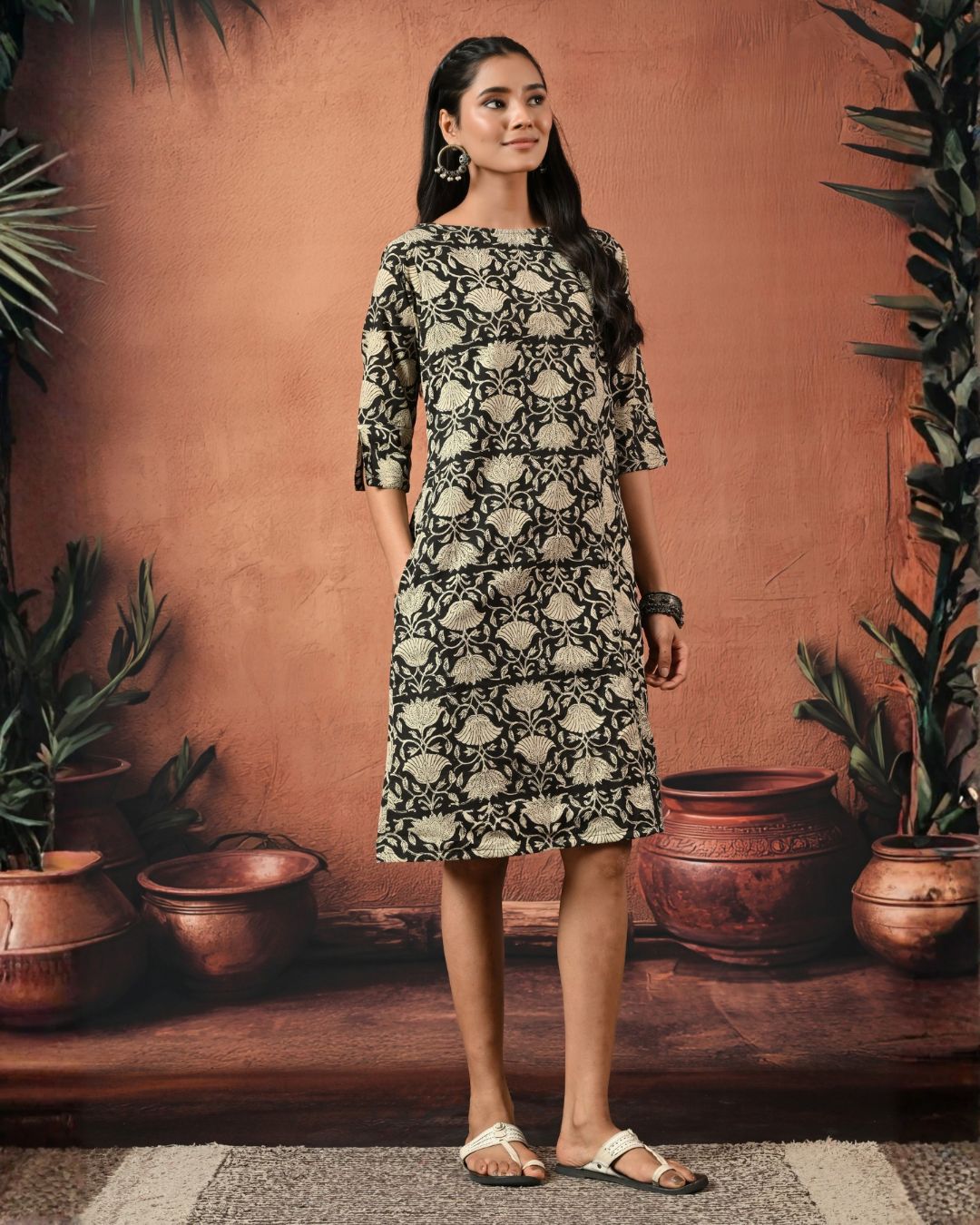Black Floral Handblock Formal Shift Dress Bo