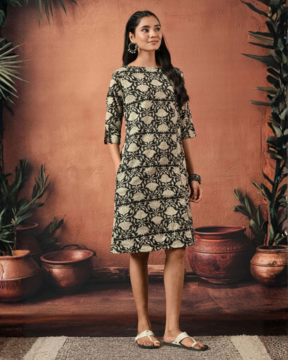 Black Floral Handblock Formal Shift Dress Bo