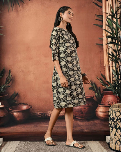 Black Floral Handblock Formal Shift Dress Bo