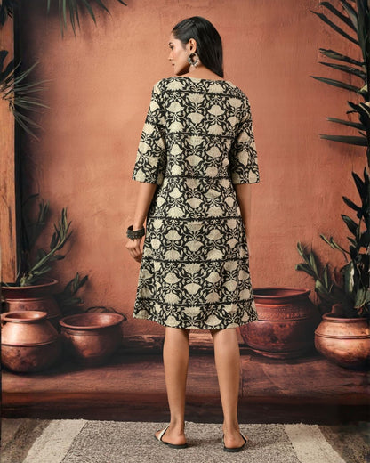Black Floral Handblock Formal Shift Dress Bo