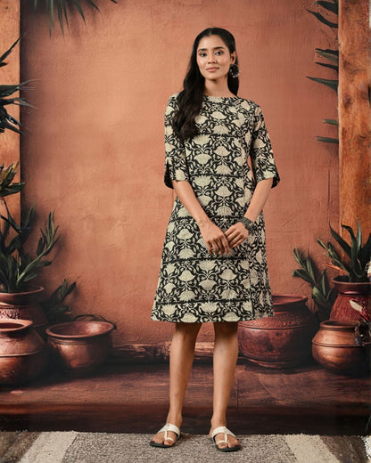 Black Floral Handblock Formal Shift Dress Bo