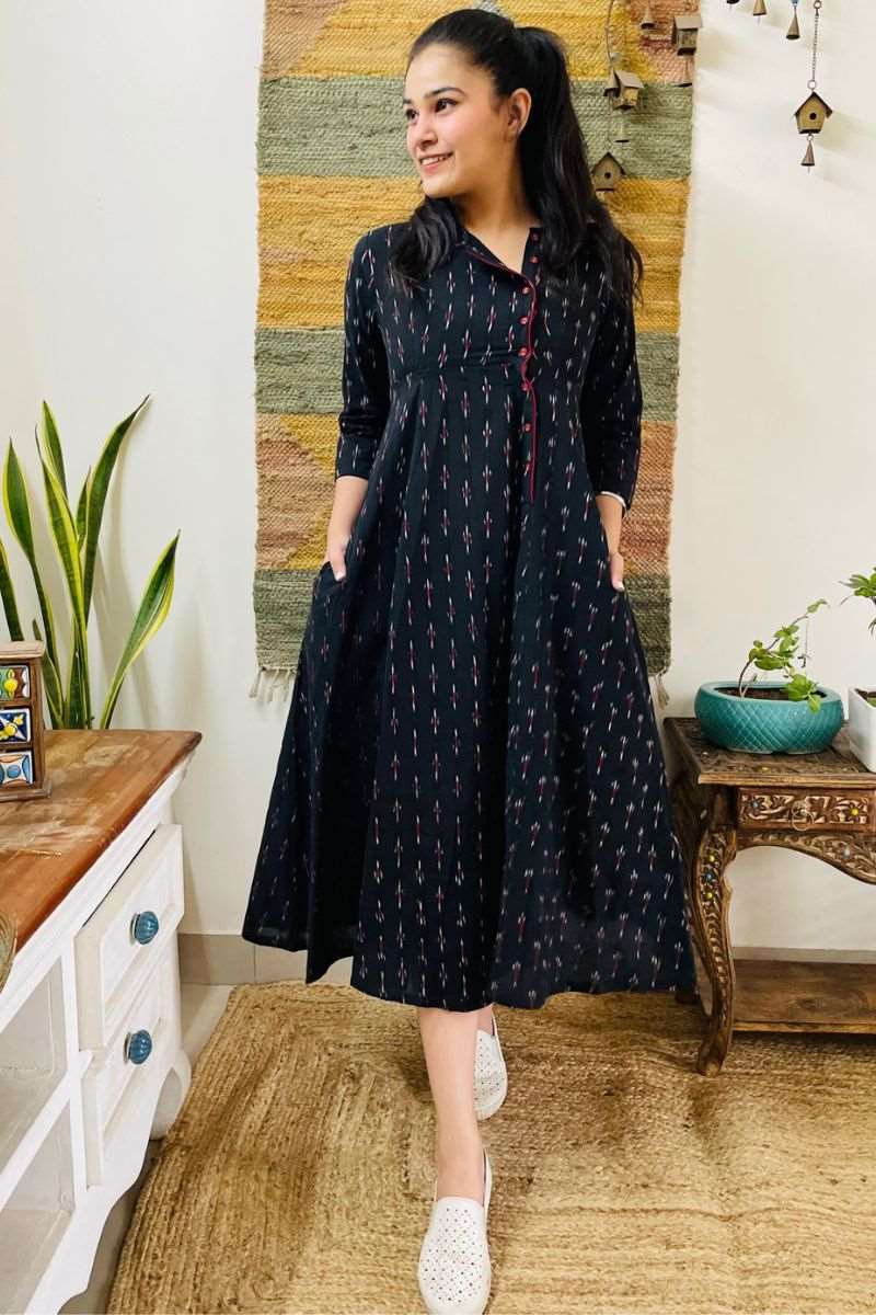 black handloom ikat angrakha dress with pockets