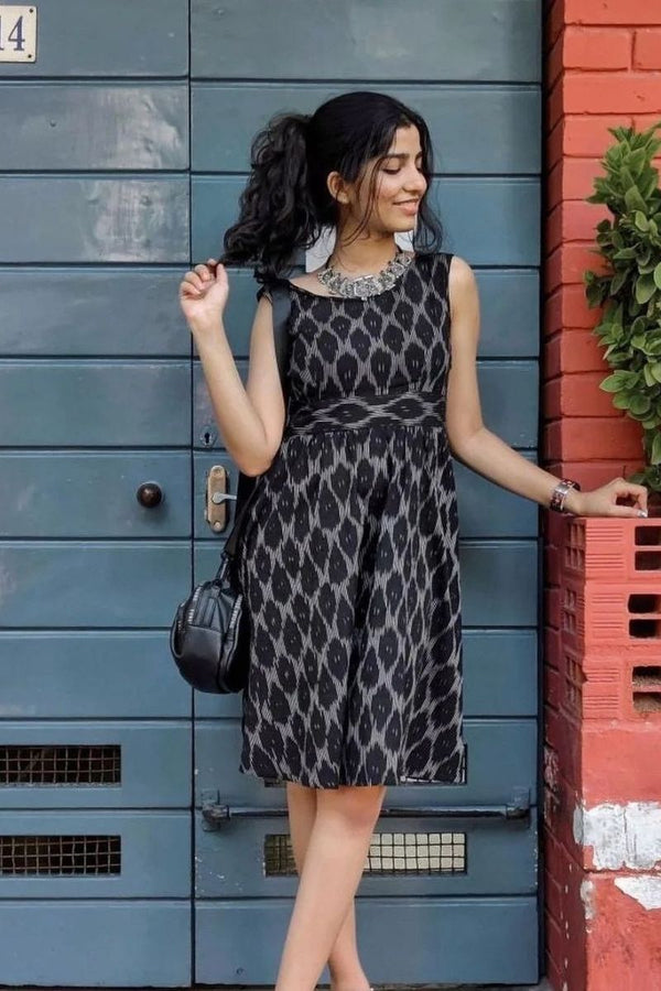 Black Ikat Bow Back Flared Dress