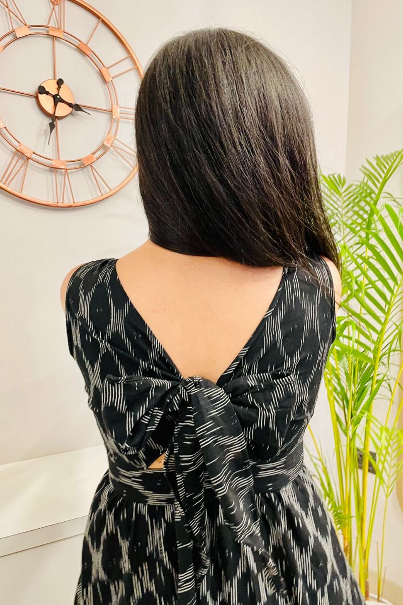 Black Ikat Bow Back Flared Dress