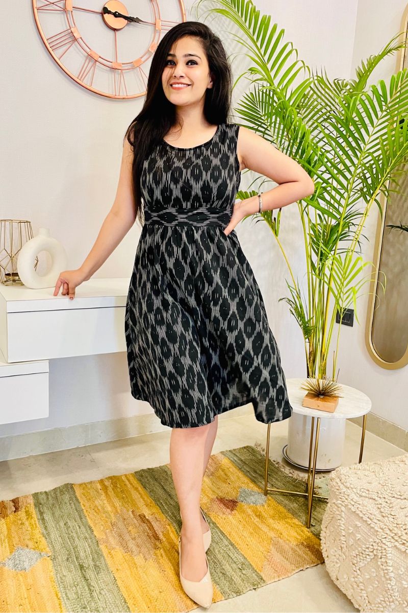 Black Ikat Bow Back Flared Dress