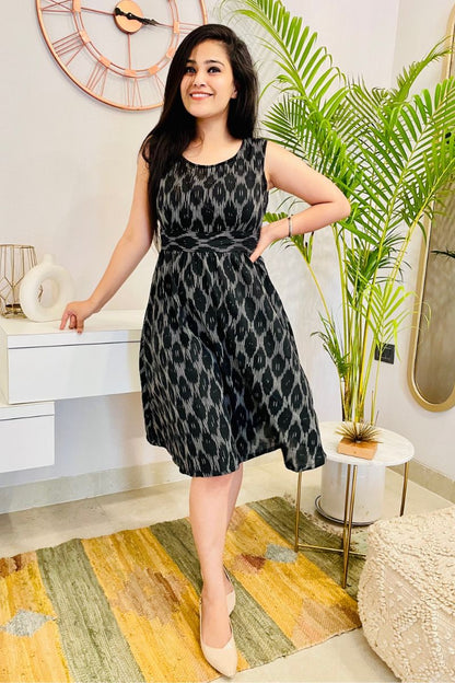 Black Ikat Bow Back Flared Dress