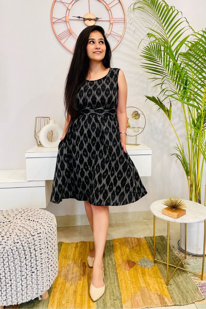 Black Ikat Bow Back Flared Dress