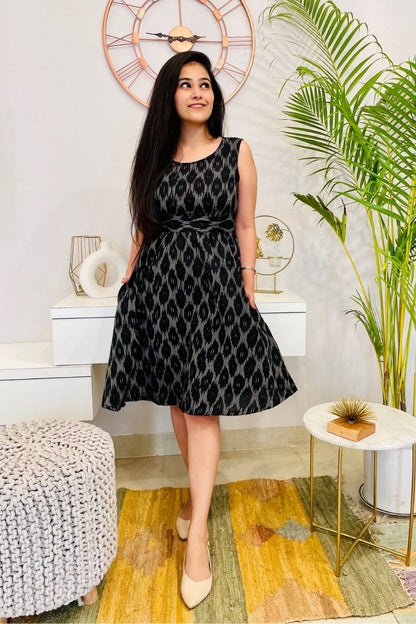 Black Ikat Bow Back Flared Dress