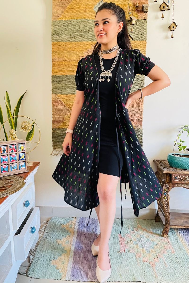 Black Ikat Neon Wrap Dress