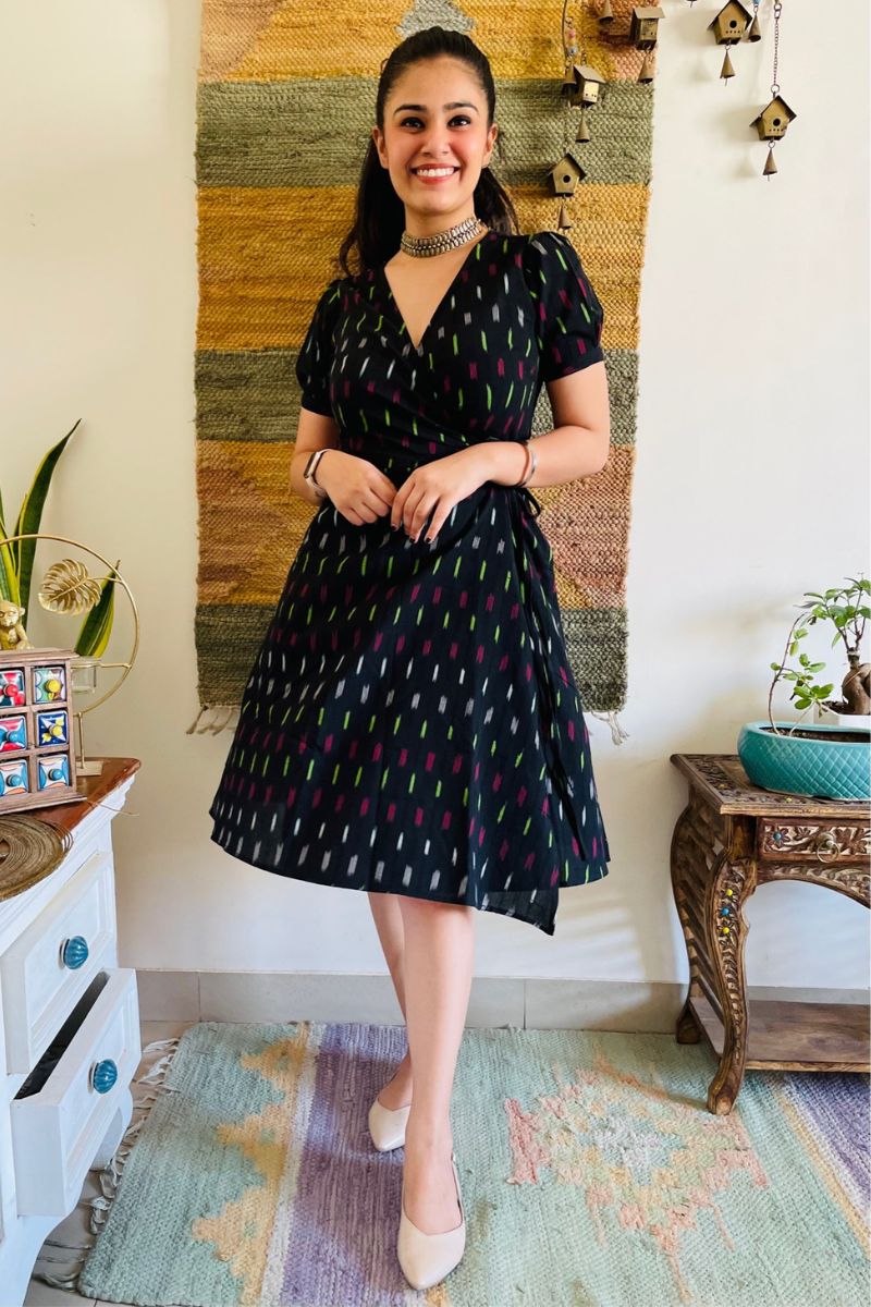 Black Ikat Neon Wrap Dress