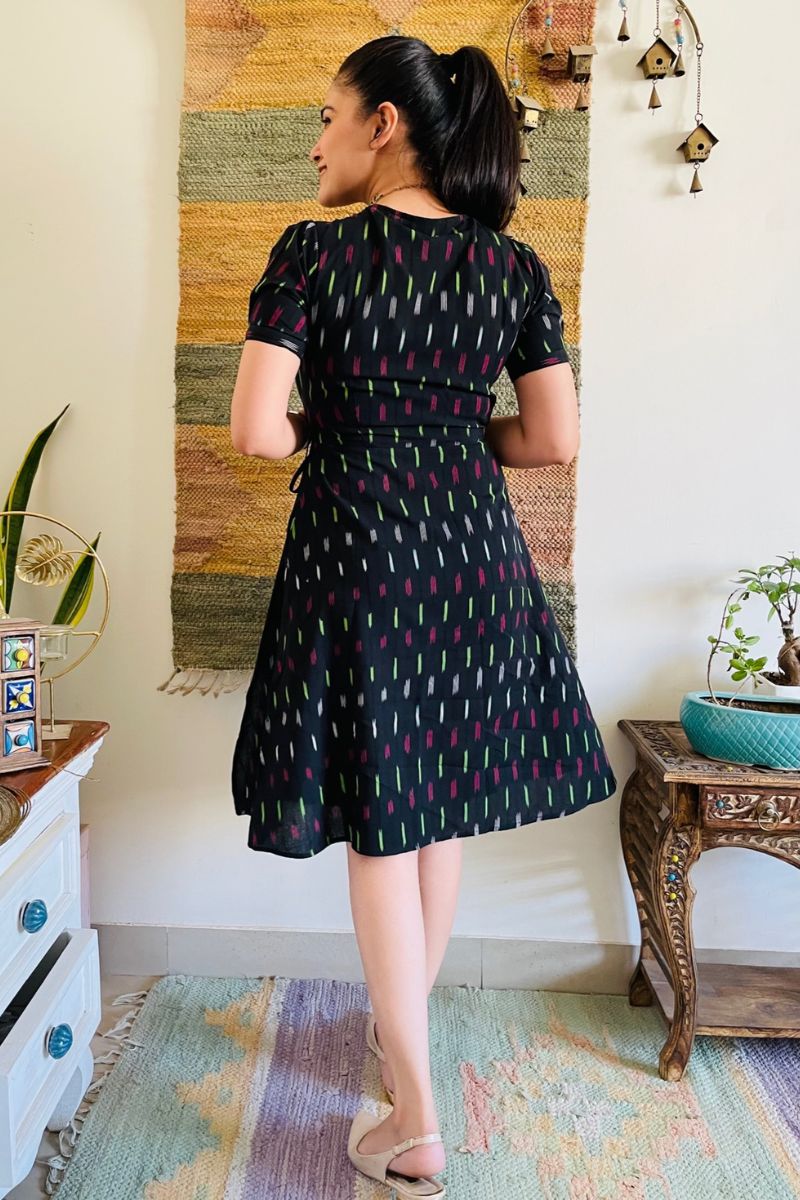 Black Ikat Neon Wrap Dress