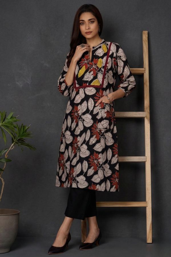 Black Flora Cotton Dress With Patch Pocket Mc
