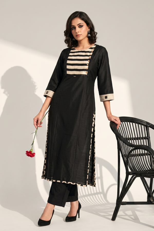 Black Luxe Weave Long Kurta Top With Yoke & Slit Mc