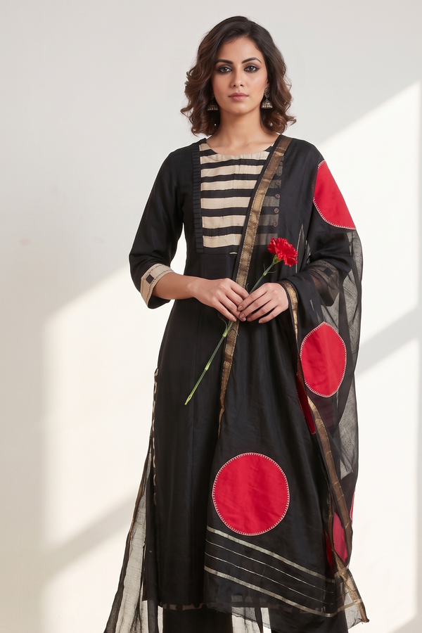 Black Luxe Weave Long Kurta Top With Yoke & Slit Mc