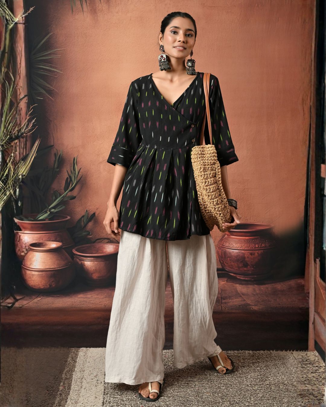 Black Ikat Wrap Top Bo