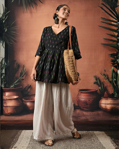 Black Ikat Wrap Top Bo