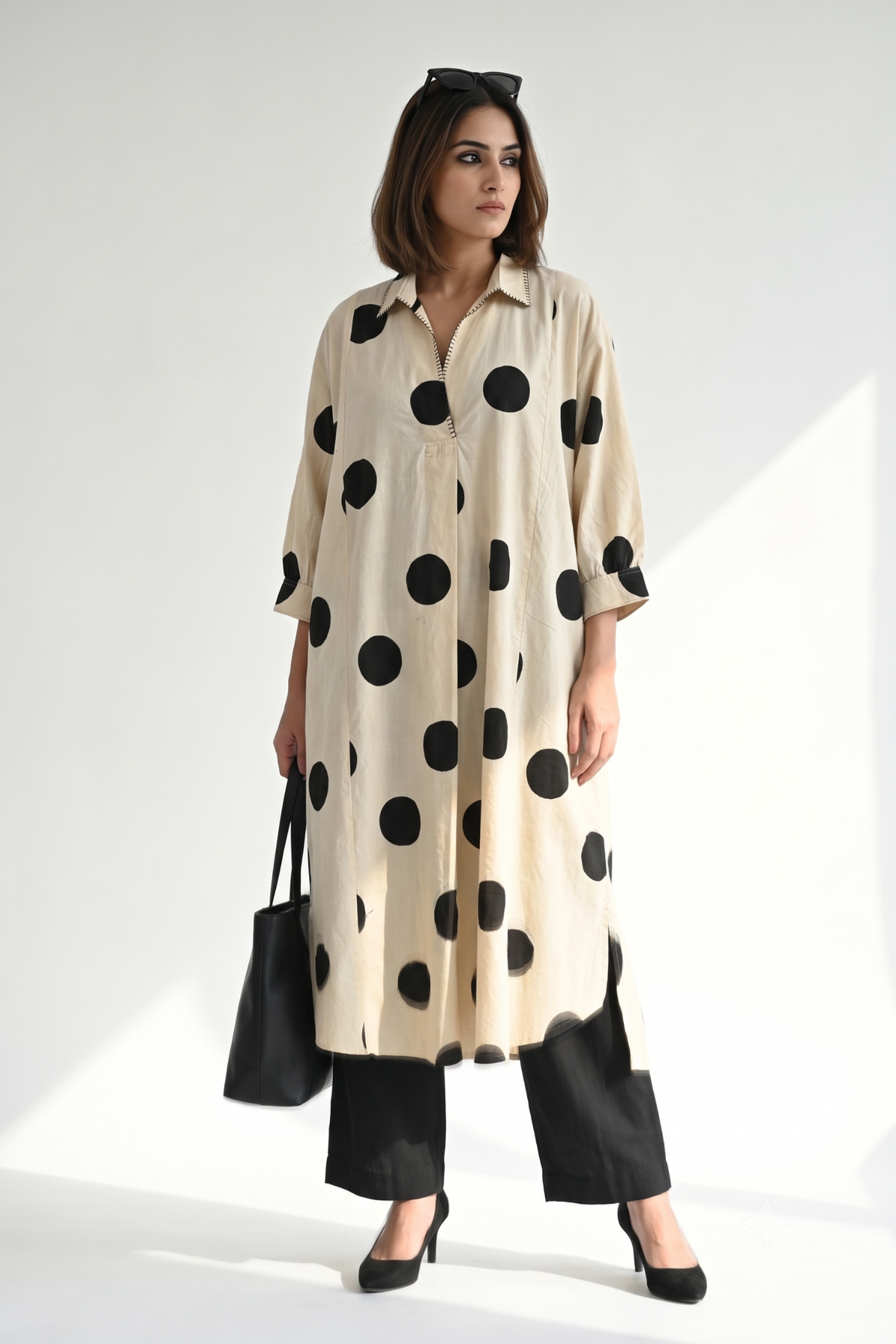 Black Pebble Dot Print Cotton Collar Box Pleat Kurta Top