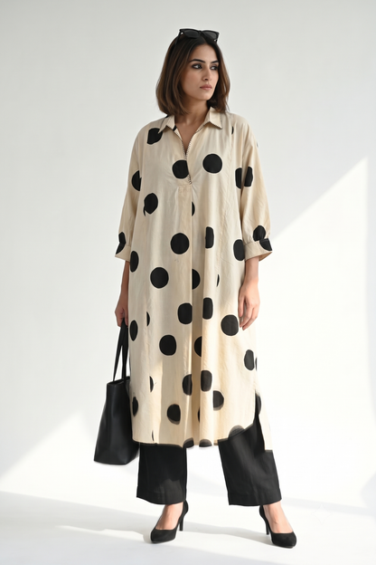 Black Pebble Dot Print Cotton Collar Box Pleat Kurta Top
