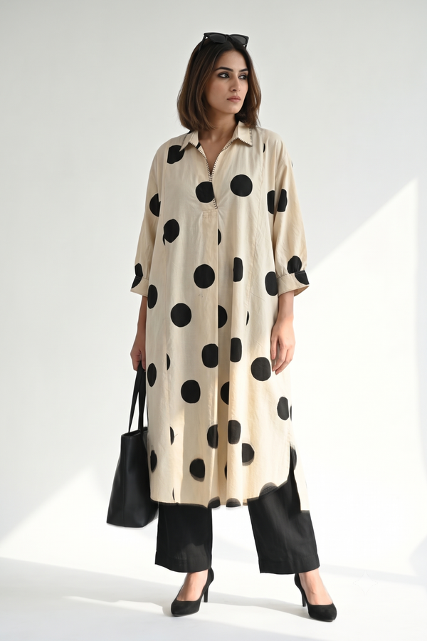 Black Pebble Dot Print Cotton Collar Box Pleat Kurta Top