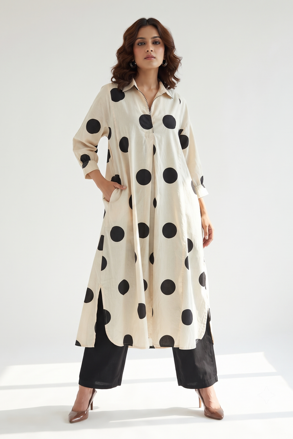 Black Pebble Dot Print Cotton Collar Box Pleat Kurta Top