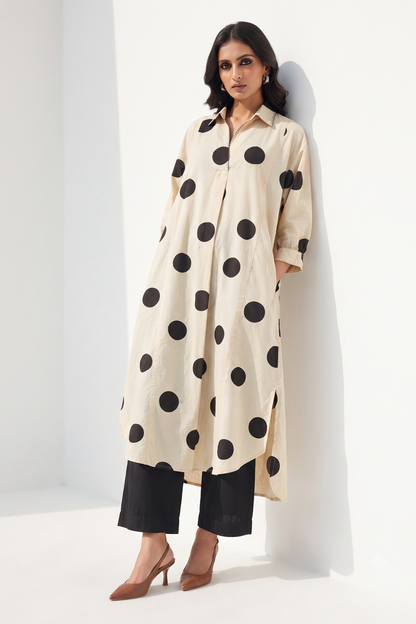 Black Pebble Dot Print Cotton Collar Box Pleat Kurta Top