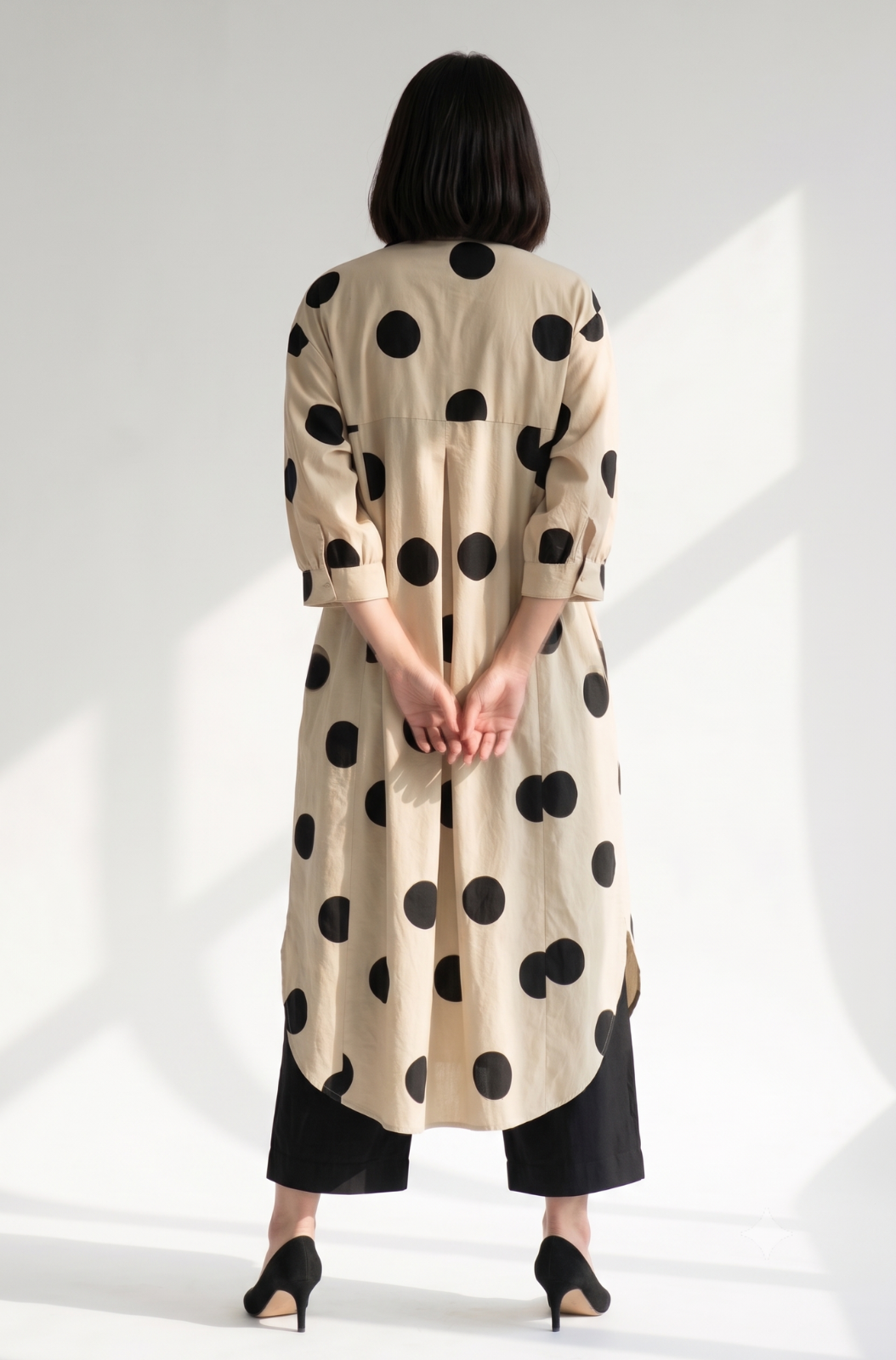 Black Pebble Dot Print Cotton Collar Box Pleat Kurta Top