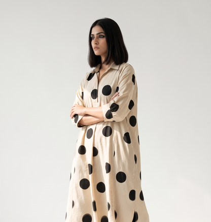 Black Pebble Dot Print Cotton Collar Box Pleat Kurta Top