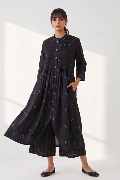 Black Petal Weave Cotton Pleated Pintuck Button Down Dress Mc