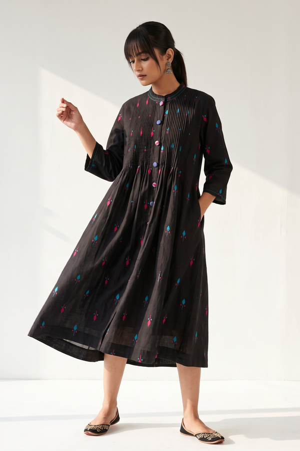 Black Petal Weave Cotton Pleated Pintuck Button Down Dress Mc