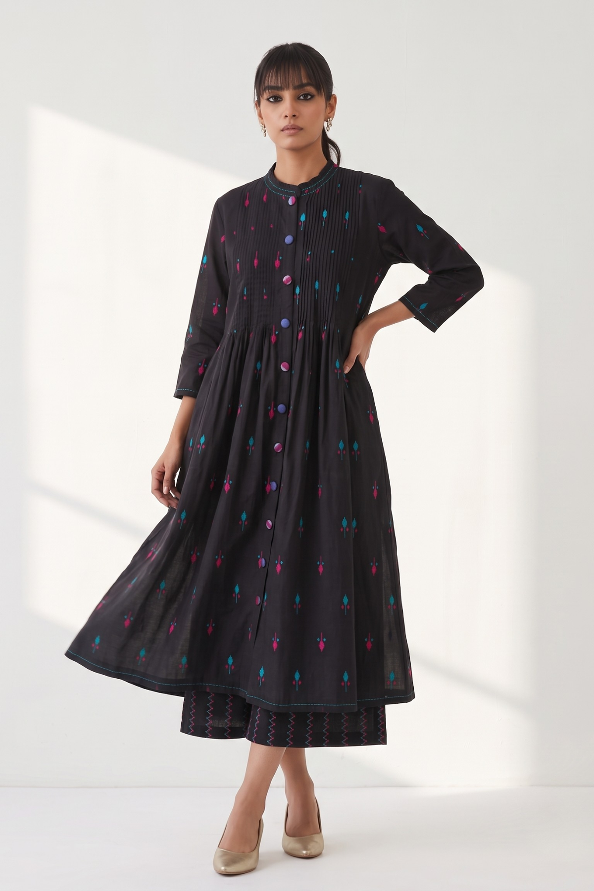 Black Petal Weave Cotton Pleated Pintuck Button Down Dress Mc