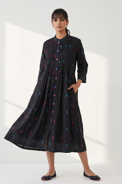 Black Petal Weave Cotton Pleated Pintuck Button Down Dress Mc