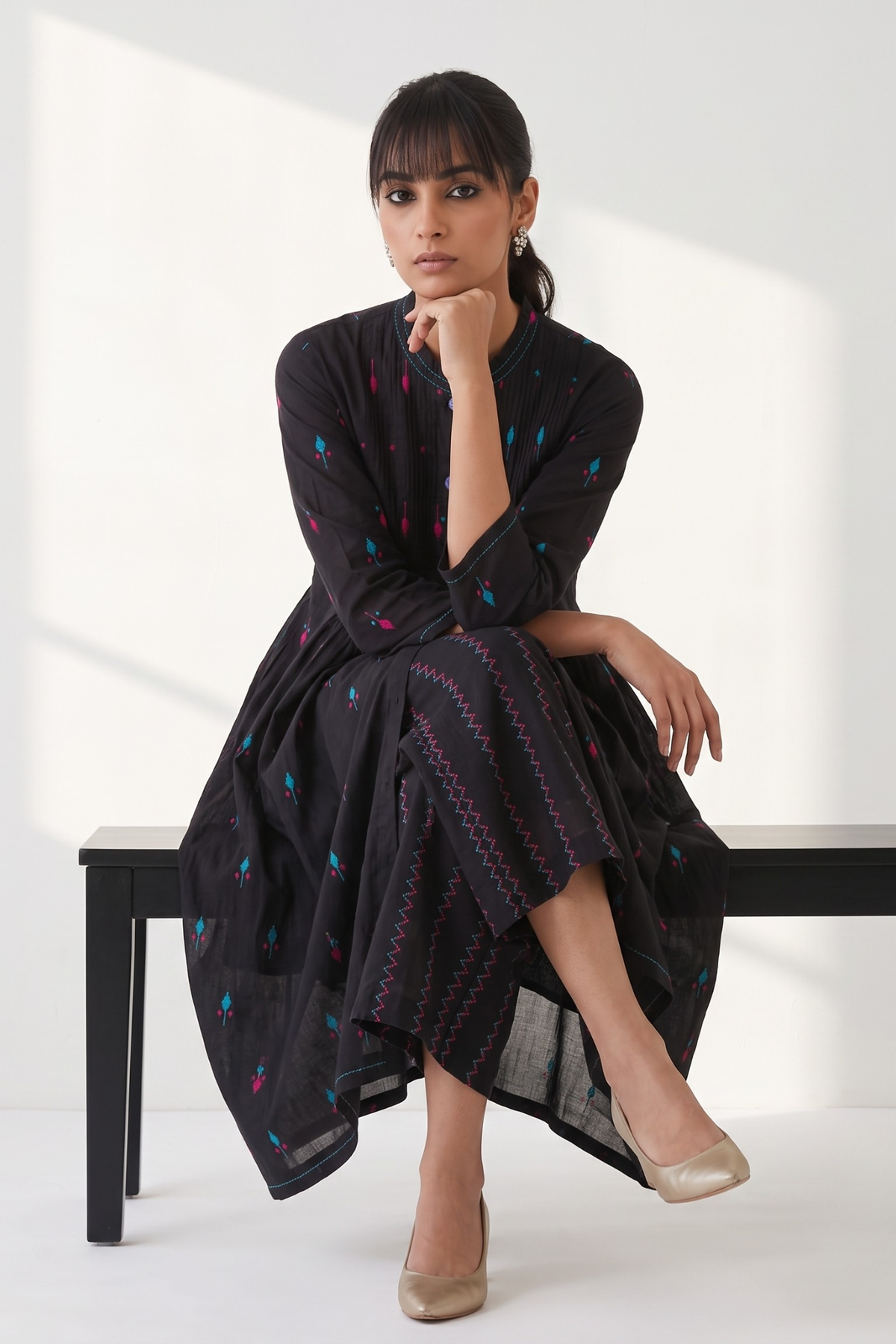Black Petal Weave Cotton Pleated Pintuck Button Down Dress Mc