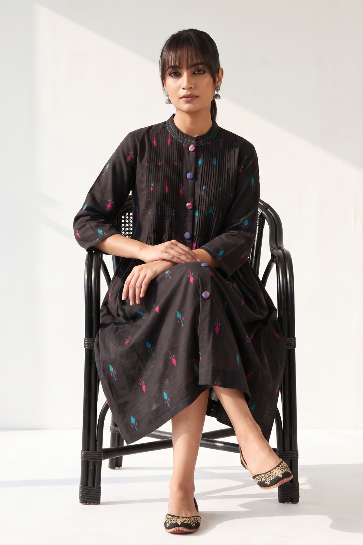 Black Petal Weave Cotton Pleated Pintuck Button Down Dress Mc