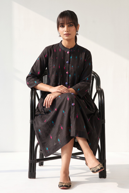 Black Petal Weave Cotton Pleated Pintuck Button Down Dress Mc