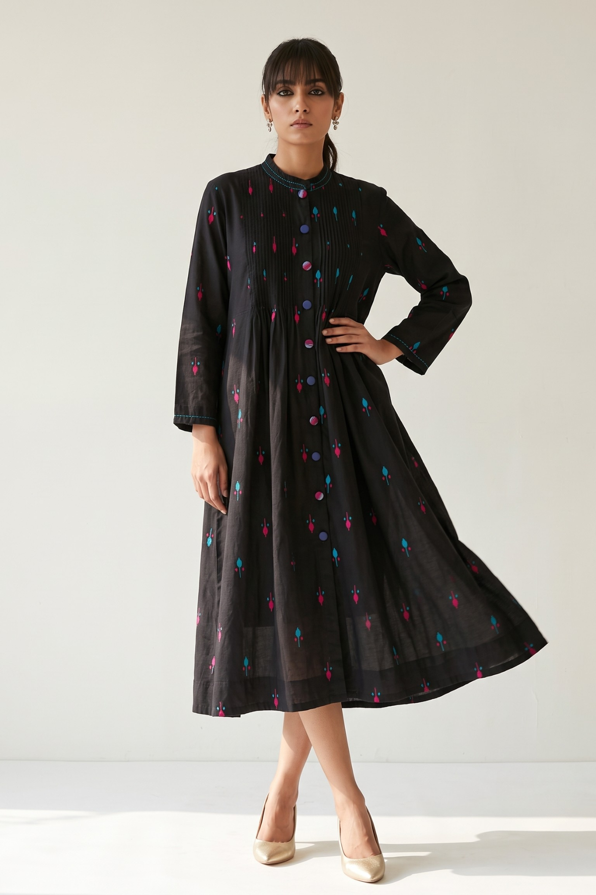 Black Petal Weave Cotton Pleated Pintuck Button Down Dress Mc