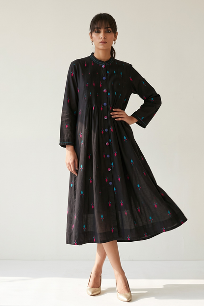 Black Petal Weave Cotton Pleated Pintuck Button Down Dress Mc
