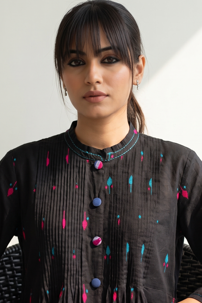 Black Petal Weave Cotton Pleated Pintuck Button Down Dress Mc