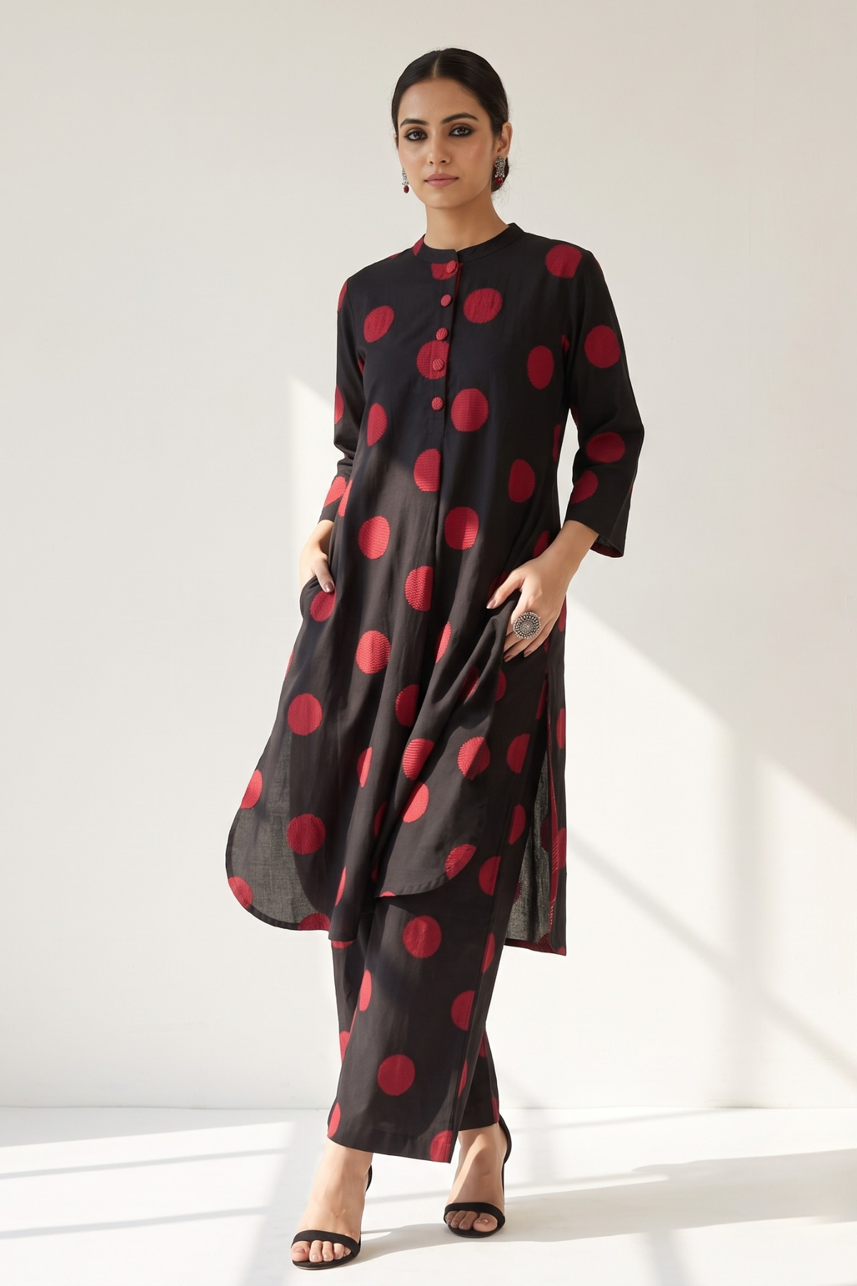 Black Red Bubble Polka Stand Collar Kurta with Round Hemline Mc