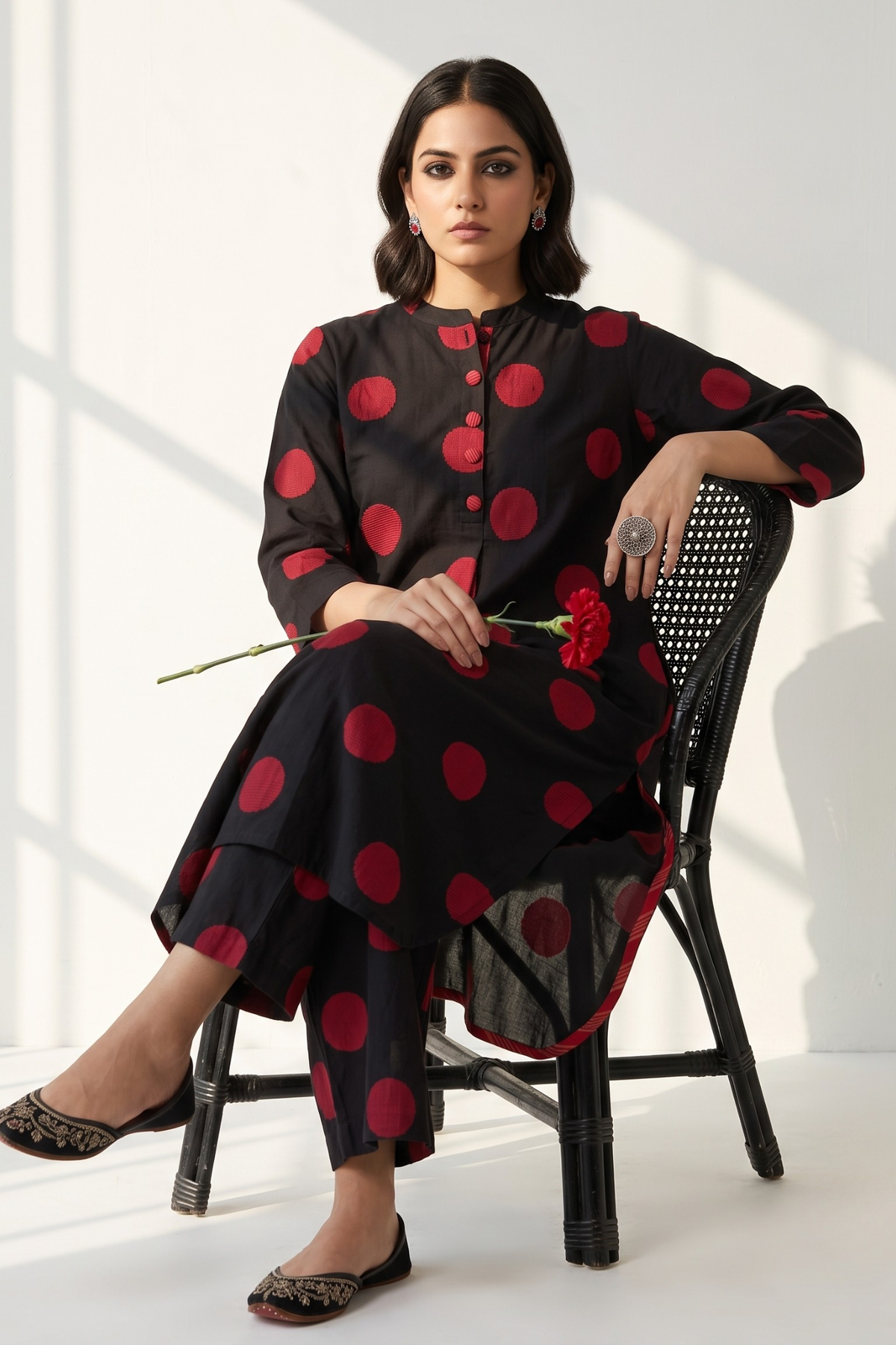 Black Red Bubble Polka Stand Collar Kurta with Round Hemline Mc