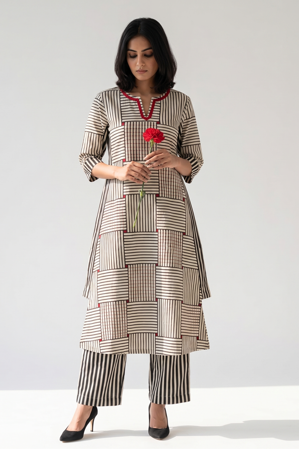 Lattice Carnation Cotton Long Kurta Top With Side Twist