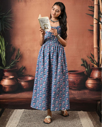 Reah Blue Hand Block Maxi Dress Bo