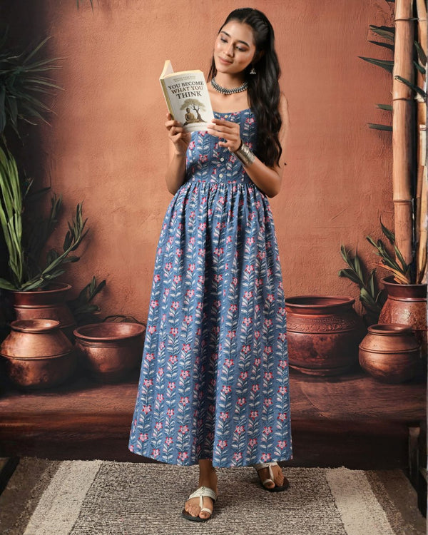 Reah Blue Hand Block Maxi Dress Bo