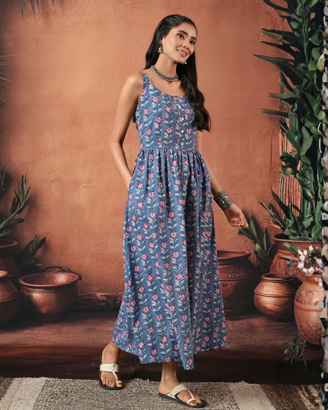 Reah Blue Hand Block Maxi Dress Bo