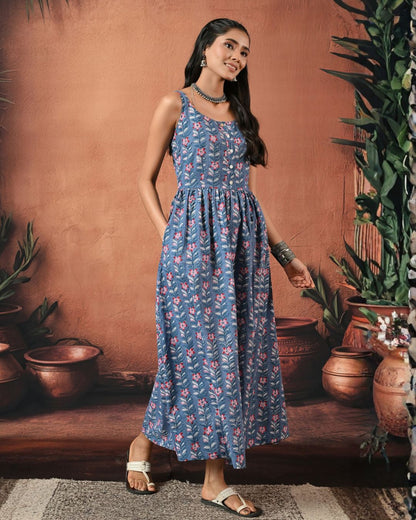 Reah Blue Hand Block Maxi Dress Bo
