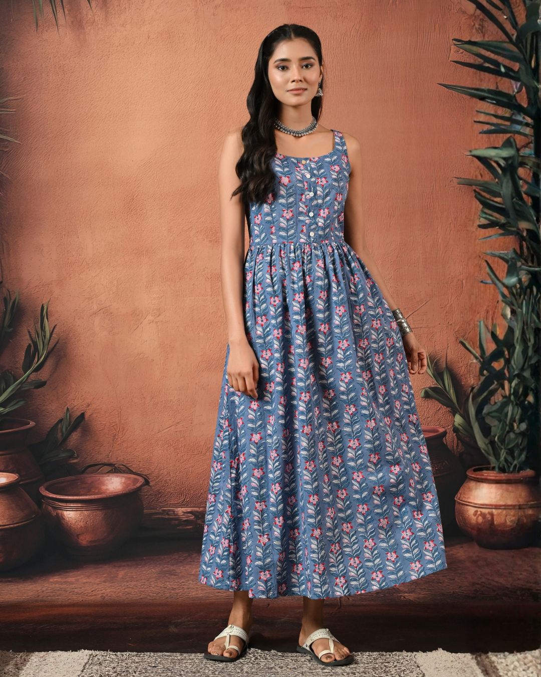 Reah Blue Hand Block Maxi Dress Bo