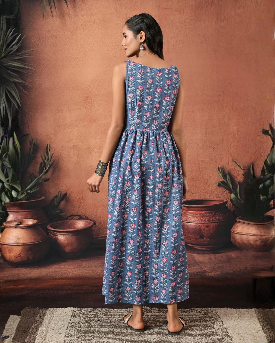 Reah Blue Hand Block Maxi Dress Bo