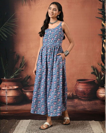 Reah Blue Hand Block Maxi Dress Bo