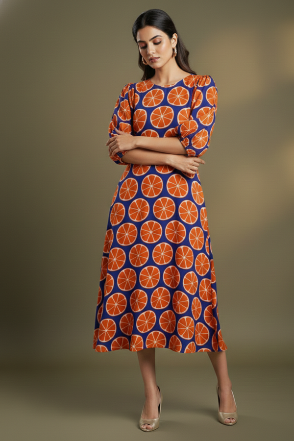 Peasant Sleeve Blue with Orange Motifs Midi Dress
