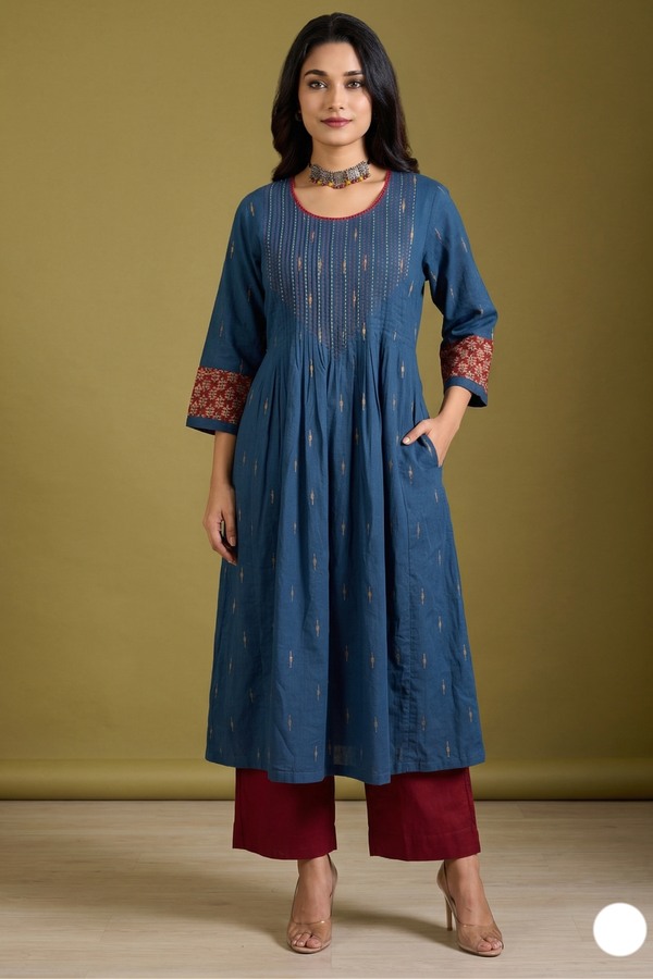 Blue Saffron Butti Pintuck Yoke & Sleeve Kalidar Kurta Mc