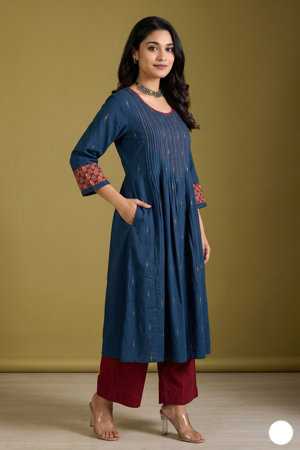 Blue Saffron Butti Pintuck Yoke & Sleeve Kalidar Kurta Mc